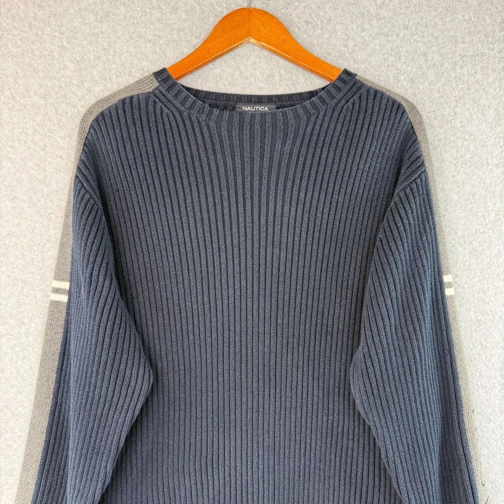 VTG Nautica Navy Blue Ribbed Knit Pull Over Sweater Y2K 90s Skater Preppy Size M